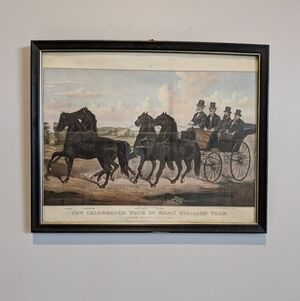 Antique 1879 Currier & Ives Four in Hand Stallion Team Framed Horse Print